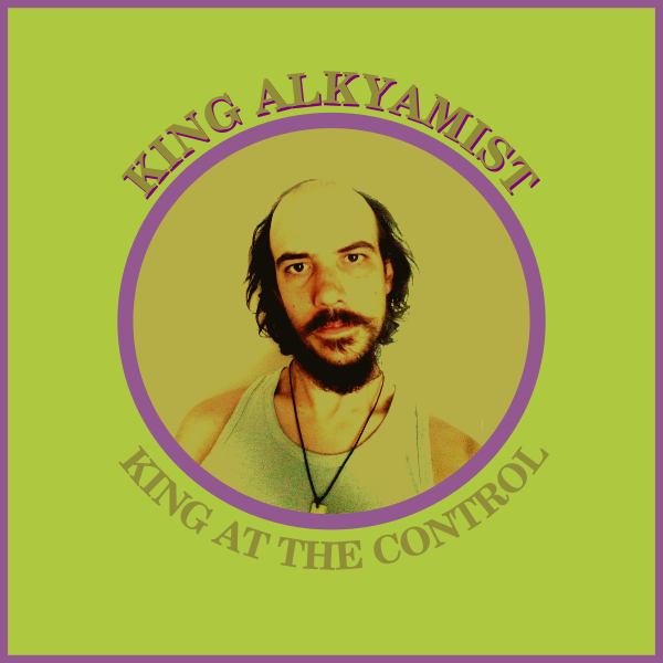 A vinyl sleeve with a picture of The King Alkyamist included in a circle. It's written 'King Alkyamist' above the circle, and 'King At The Control' under it.